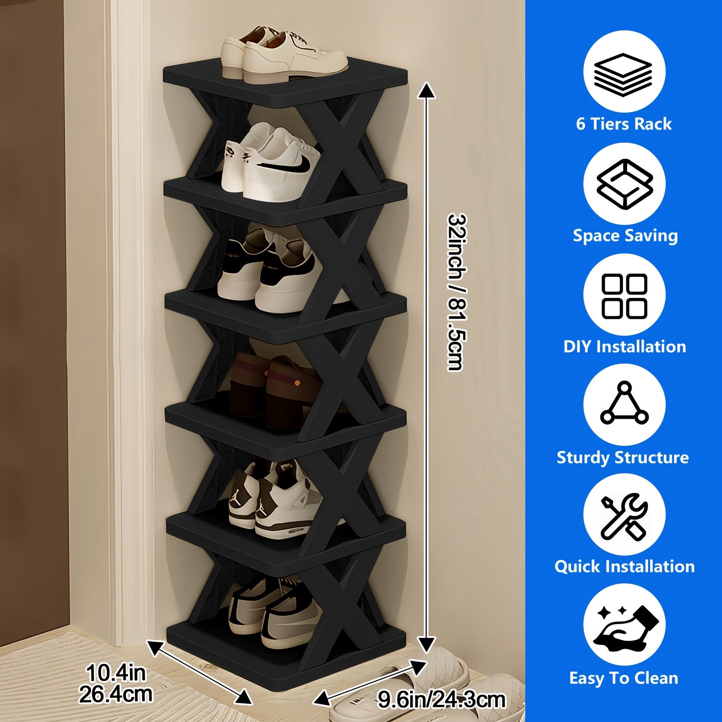 Narrow Shoe Rack 6-9 Tiers Adjustable for Entryway, Hallway & Closet – Space-Saving Foyer Shoe Organizer Holds 9+ Pairs, Multi-Color Options Black White Gray Blue Green, Bedroom & Living Room Storage
