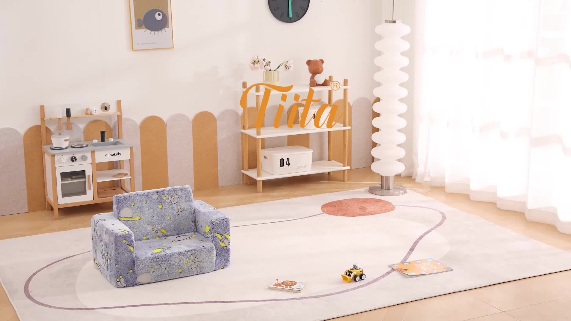 Tiita 2-In-1 Kids Sofa Bed Chair, Foldable Plush Lounger with Comfy Armrest, Machine Washable, Stackable, Multipurpose Furniture for Various Rooms