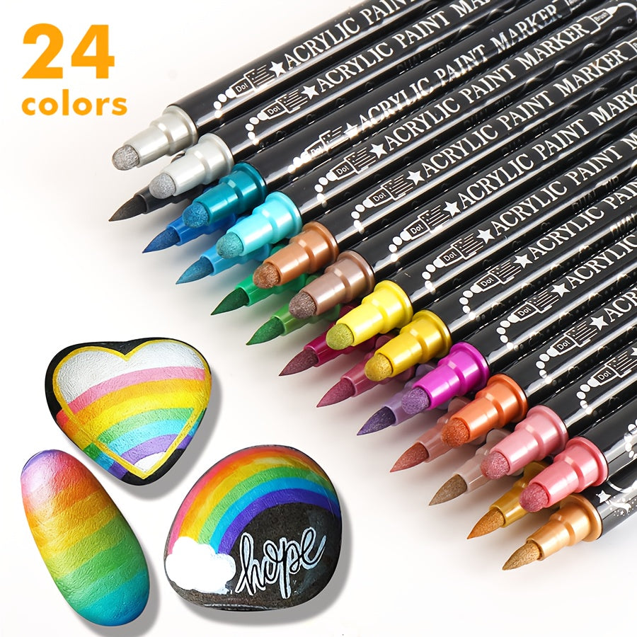 Metallic Acrylic Paint Markers 24 Colors Dual Tip – Brush & Dot Tip Waterproof Paint Pens for Rock Painting, Ceramic, Wood, Canvas, Glass, Stone, Calligraphy & Card Making Crafts