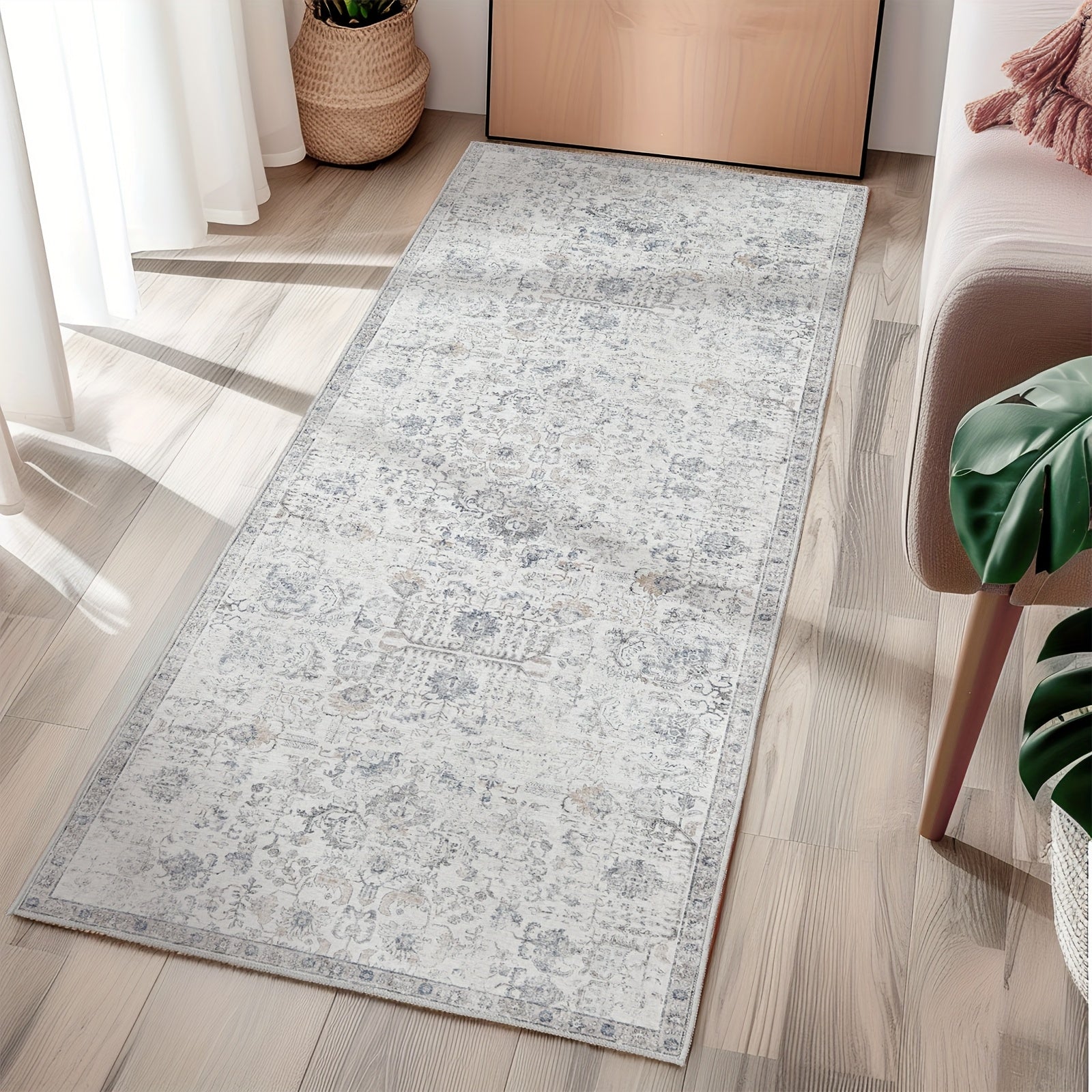 Vintage Boho Distressed Floral Area Rug – Machine Washable, Non-Slip Backing, Stain Resistant – Retro Oversized Accent Carpet for Living Room, Bedroom, Kitchen & Dining Room