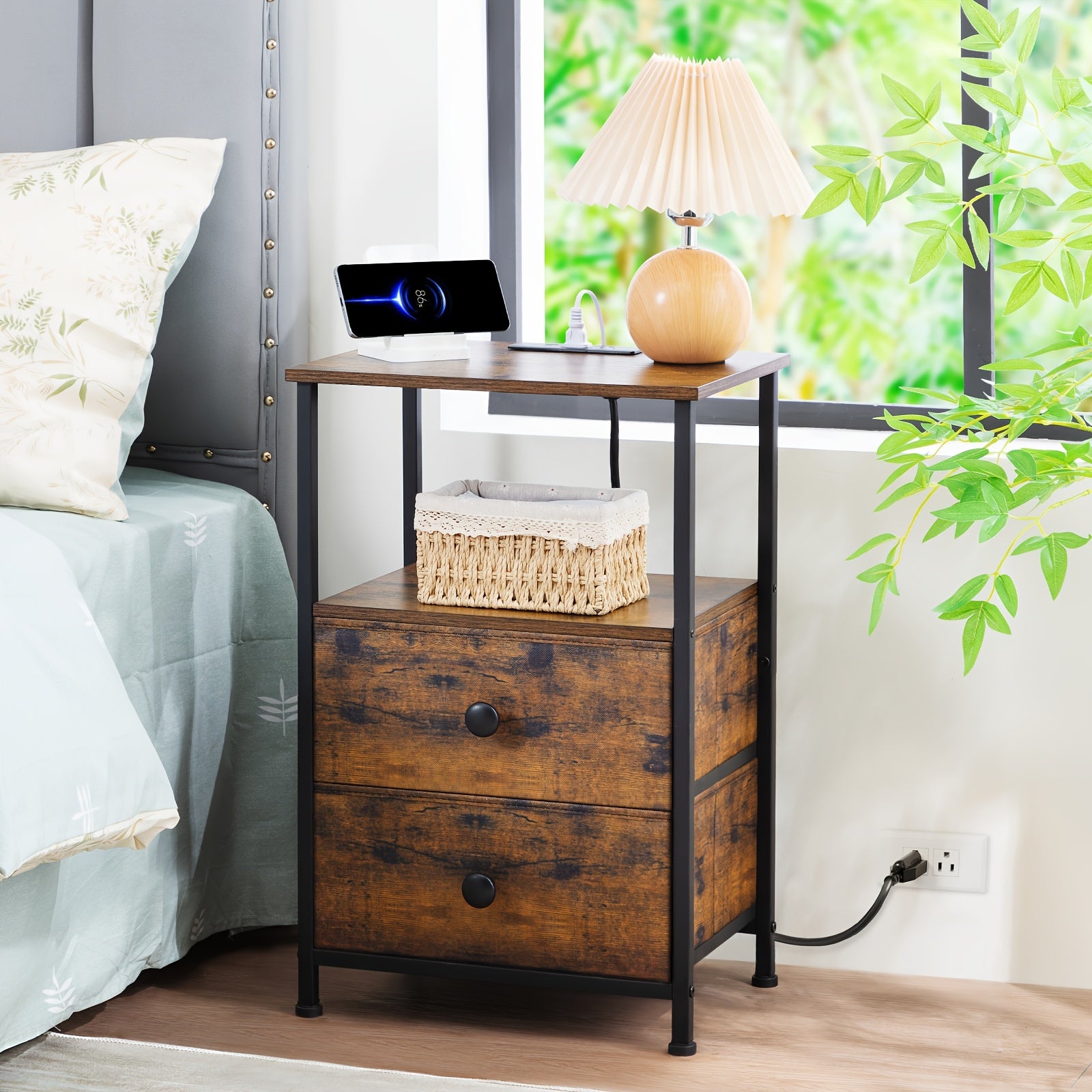 AMHANCIBLE 1/2pcs Bedside Table with Charging Station, End Table, with 2 Drawers, Small Bedroom Side Table, 4 Layers Storage Bedside Table, Suitable for Bedroom, Living Room. Black, Brown