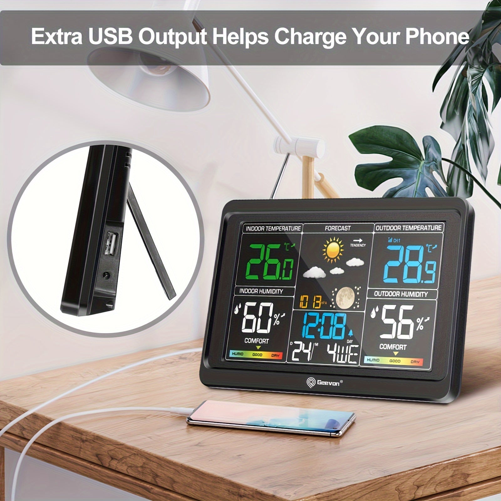 1pc Geevon Weather Station Wireless Indoor Outdoor Thermometer, Color Display Weather Thermometer, Digital Temperature Gauge with Barometer, Calendar, USB Charge And Adjustable Backlight(Without Battery)