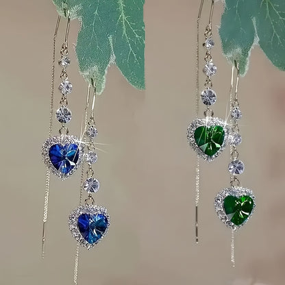 Heart-Shaped Crystal Tassel Earrings for Women – 2-Pack Blue & Green Rhinestone Dangle Earrings, Sparkling Accessory for Any Occasion & Valentine's Day Gift | ShopVora CA