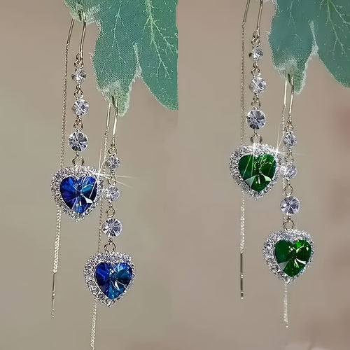 Heart-Shaped Crystal Tassel Earrings for Women – 2-Pack Blue & Green Rhinestone Dangle Earrings, Sparkling Accessory for Any Occasion & Valentine's Day Gift | ShopVora CA