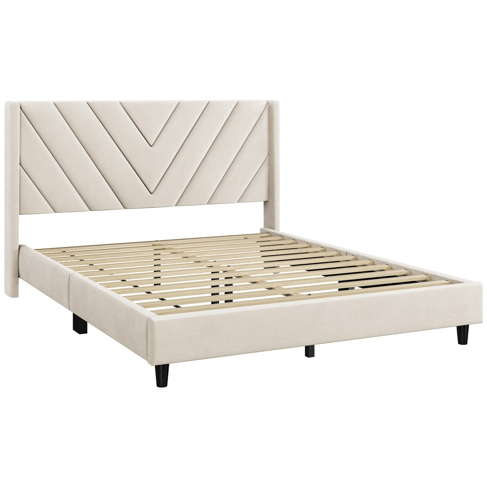 ALDEN DESIGN Upholstered Platform Bed,Upholstered Platform Bed with Wing Edge, Bed Frame with Wooden Support Slats, Upholstered Platform Bed with Tufted Headboard, Upholstered Bed with Headboard, Queen/Full,Beige/Dark Gray/Light Gray/Pink