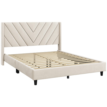 Upholstered Platform Bed with Tufted Headboard Wing Edge Wooden Slats Queen Full Bed Frame 800lb Capacity Beige Dark Gray Light Gray Pink - Canada