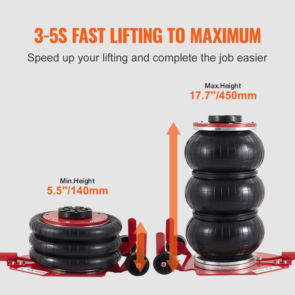 VEVOR Air Jack, 3 Ton/6600 lbs Triple Bag Air Jack, Airbag Jack with Six Steel Pipes, Lift up to 17.7", 3-5 s Fast Lifting Pneumatic Jack, with Adjustable/Nonadjustable Long Handles for Cars, Garages, Repair (Blue/Red)