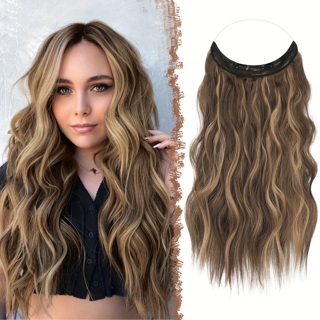 FESHFEN Invisible Wire Hair Extensions with Transparent Wire Synthetic Hair Piece Long Wavy Secret Headband Hairpieces for Women 20 Inch Dark Ash Blonde Mixed Bleach Blonde