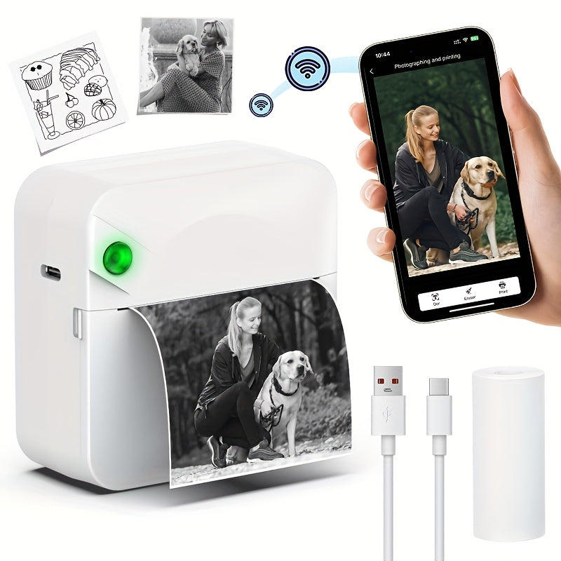 Wireless Pocket Thermal Sticker Printer Inkless with Thermal Paper Roll, Intelligent Portable Mini Printer for Photos Memos Diaries Notes Journaling Scrapbooking – iOS & Android Compatible