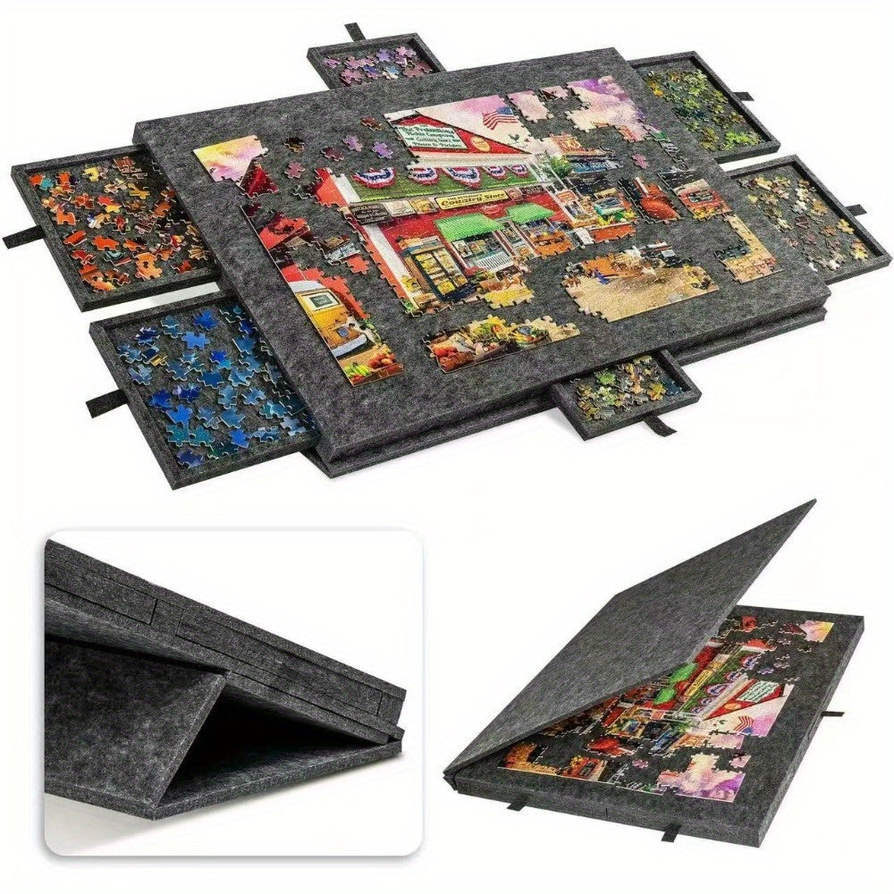 1500pcs puzzle table, portable lightweight puzzle table with 6 classification plates, built-in bracket for adjustable angle, built-in dust cover, puzzle anytime, anywhere, a must-have for weekend casual games, felt integrated puzzle board, Father's Day an