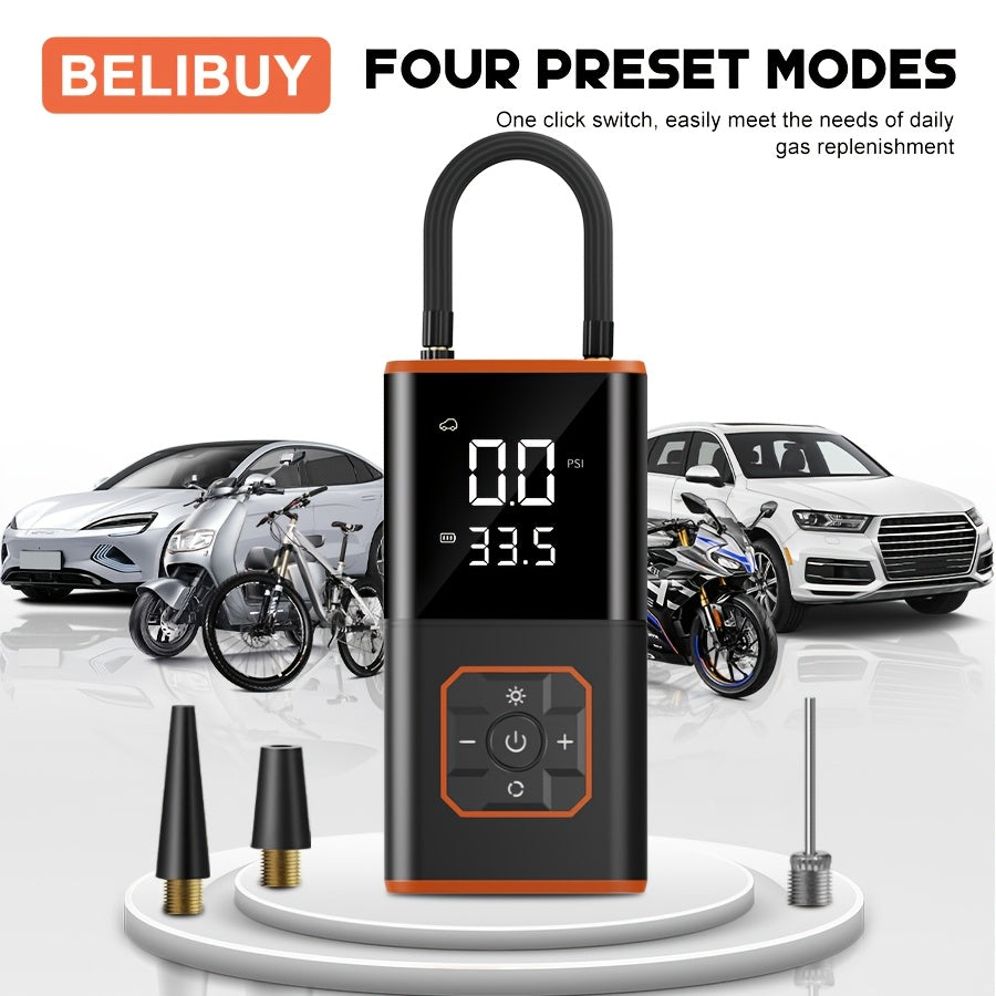 Cordless Tire Inflator 150 PSI Rechargeable 6000mAh with LCD Display, Auto Shut-Off & LED – 3x Faster Inflation for Cars, Bikes & Motorcycles