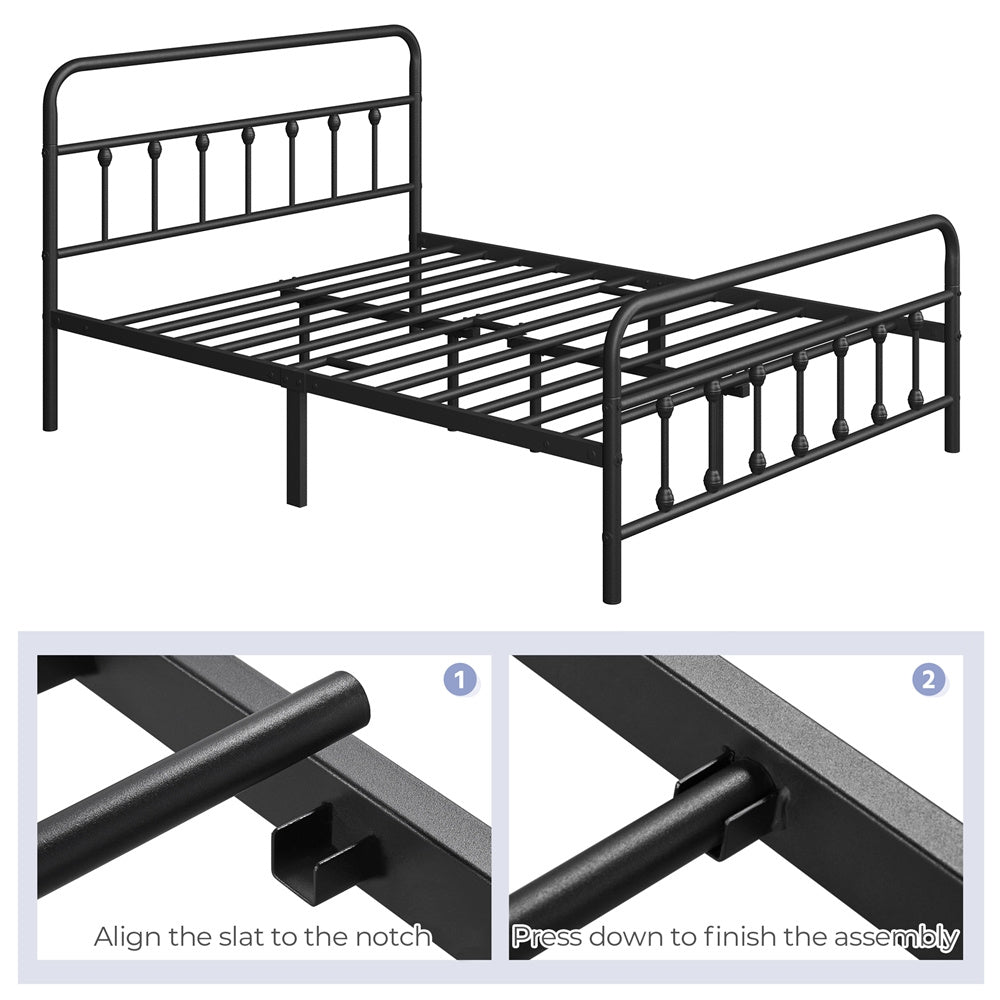 ALDEN DESIGN Bed Frame, Classic Iron Platform Bed with High Headboard and Footboard, Slatted Bed Base, Mattress Foundation, Farmhouse Platform Bed, Strong Metal-Framed Bed with Storage, Black/White, Twin/Full/Queen Size