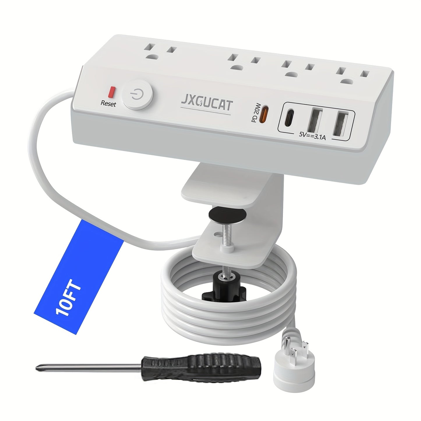 Desk Clamp Power Strip with USB-C 20W PD Fast Charging, 4 Outlets 4 USB Ports Surge Protector, 8.8Ft Flat Plug Extension Cord, Removable Desktop Charging Station