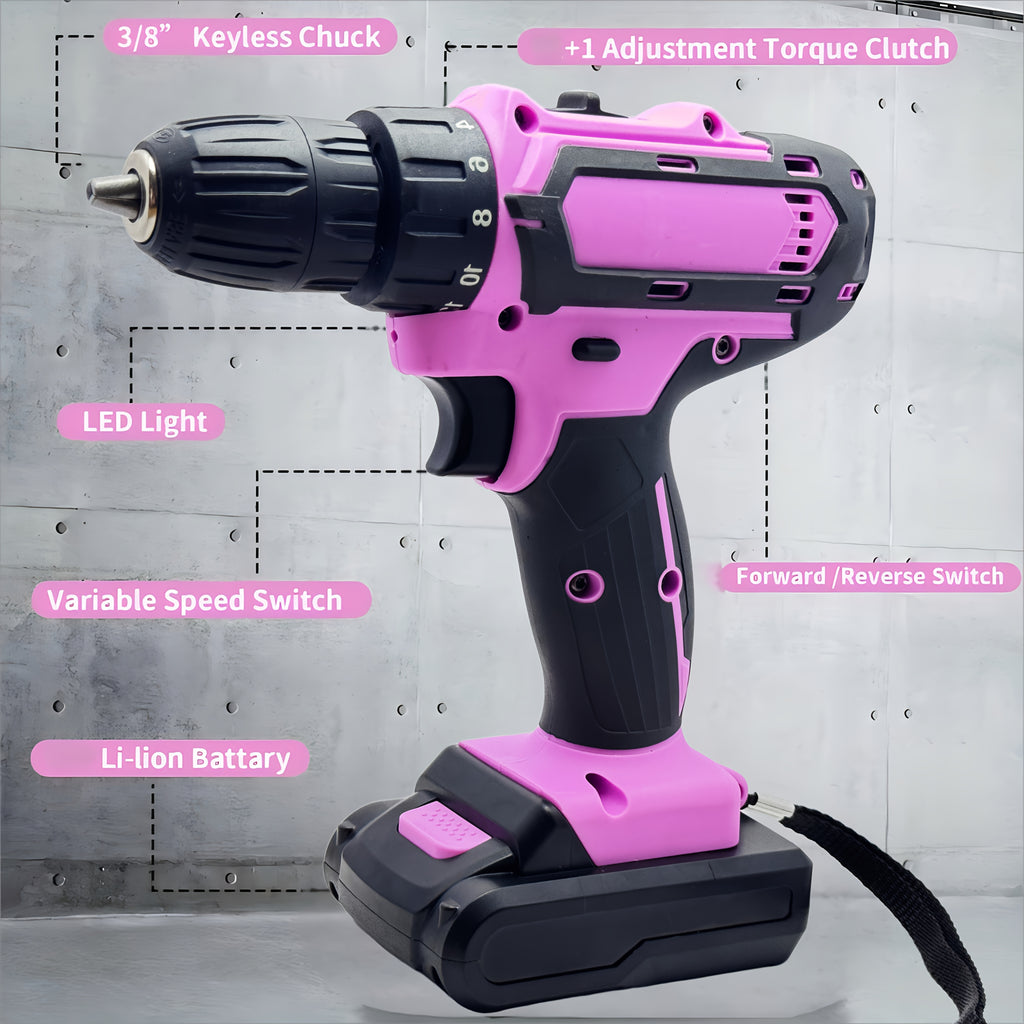 Industrial Power Tool Set 24pcs Pink Brushless Drill OR 65pcs CrV Tool Kit | 21V Dual Li-ion(2×1200mAh) | 18+1 Precision Torque | Steel Construction/Production Maintenance | Professional Anti-Shock Case