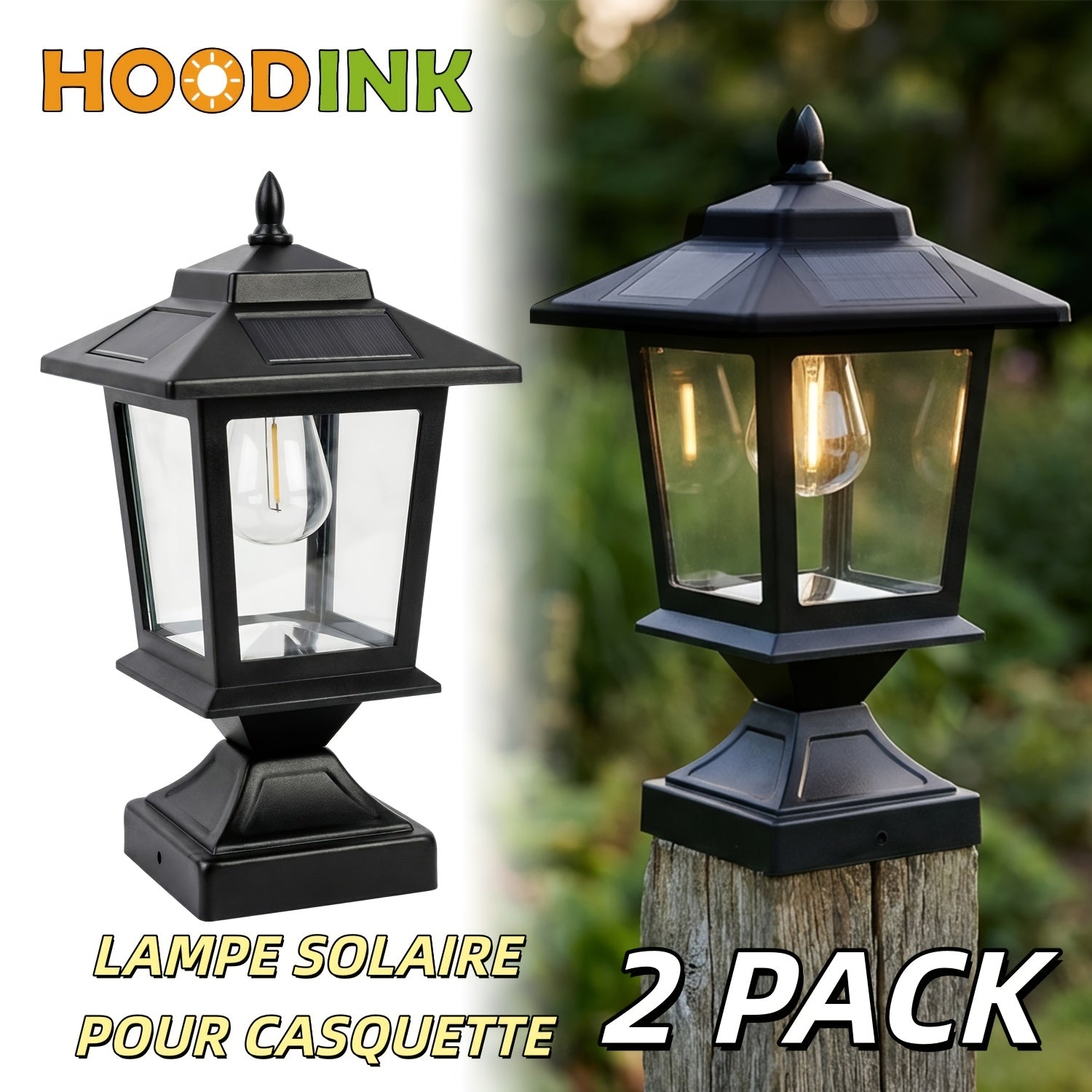 2 PACK Solar Post Cap Lights | Waterproof Outdoor Light for 4x4 Wooden Posts, Solar Lights with Glass Shade for Deck Fence Patio Post Decor, Matte Black - HOODINK