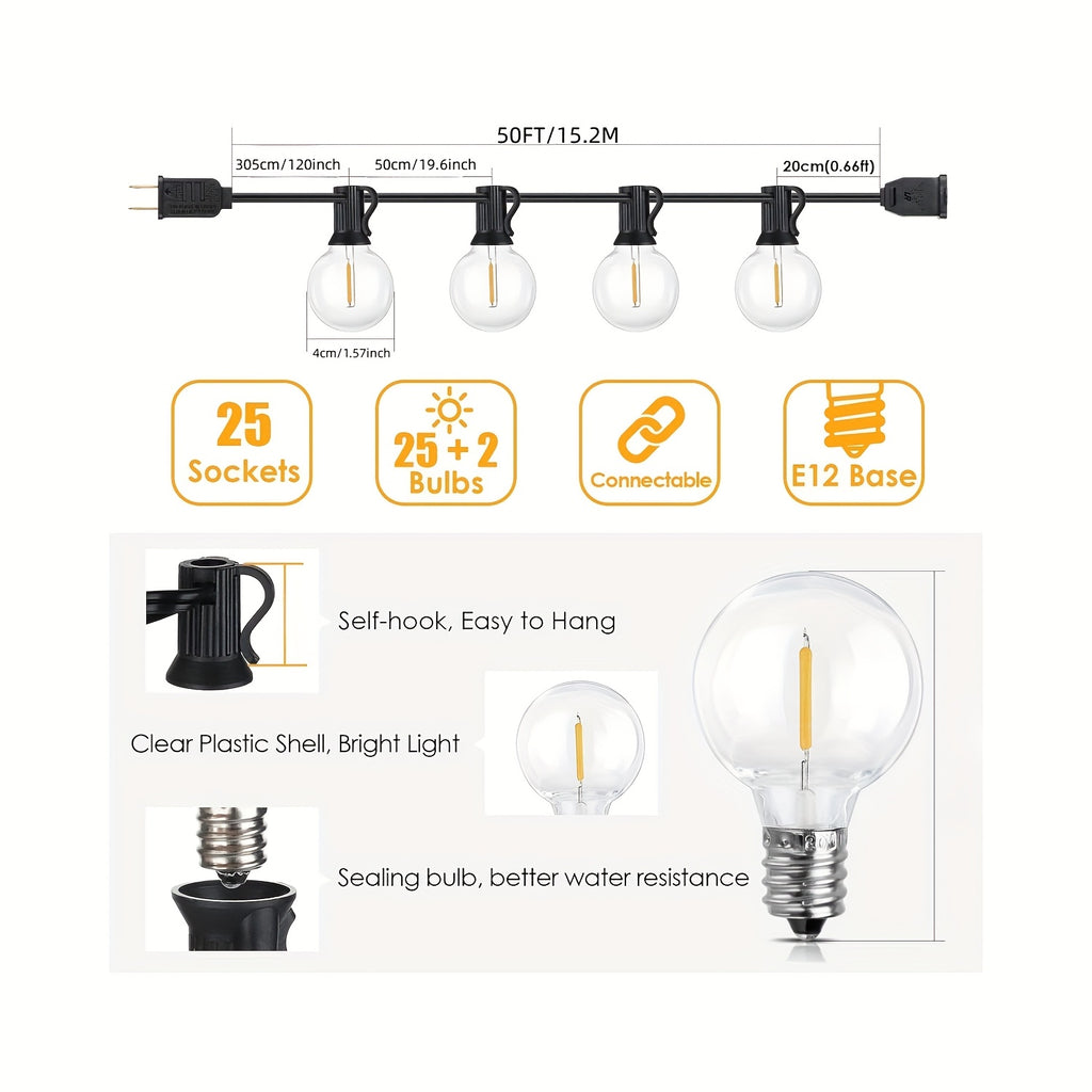 HYGX 50/100/150FT LED Outdoor String Lights, Patio Deck Lights With 20+1/40+2/60+2 ST38 Bulbs, Outside Hanging Lights Connectable For Garden, Porch, Patio, Balcony, Backyard, Party & Holiday Gift For Xmas Bistro, Halloween, Christmas Decoration