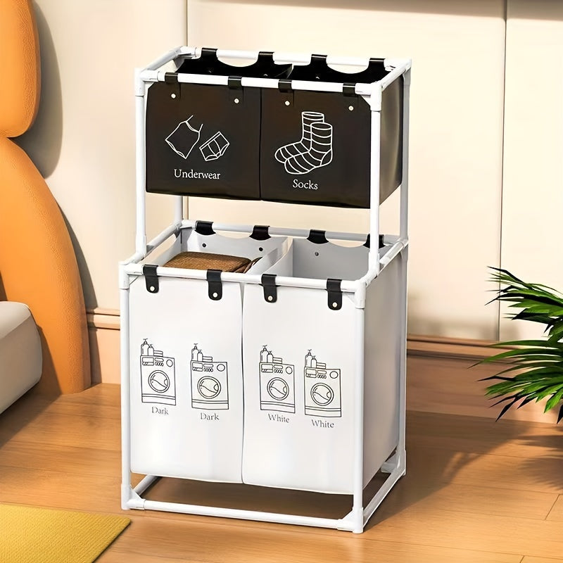 2-Tier Laundry Sorting Basket, Large Size with 4 Removable Bags, Small Size with 2 Removable Bags, for Organizing Clothes, Laundry Room, Bedroom - White, Shelves