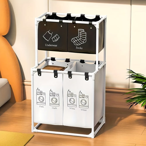 2-Tier Laundry Sorting Basket with Removable Bags – White Shelved Laundry Organizer for Clothes Sorting, Laundry Room & Bedroom, Large (4 Bags) or Small (2 Bags)