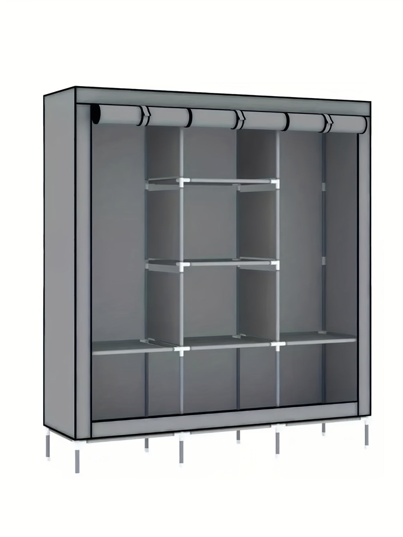 Slim Portable Wardrobe Closet with Curtain – Non-Woven Fabric, 2–6 Shelves & 2 Hanging Sections, Dustproof, Easy Assembly, Space-Saving Clothes Organizer for Bedroom & Apartment – Black & Grey