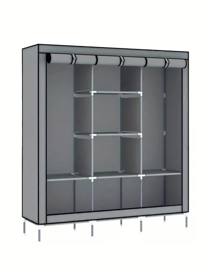 Slim Portable Wardrobe Closet with Curtain – Non-Woven Fabric, 2–6 Shelves & 2 Hanging Sections, Dustproof, Easy Assembly, Space-Saving Clothes Organizer for Bedroom & Apartment – Black & Grey