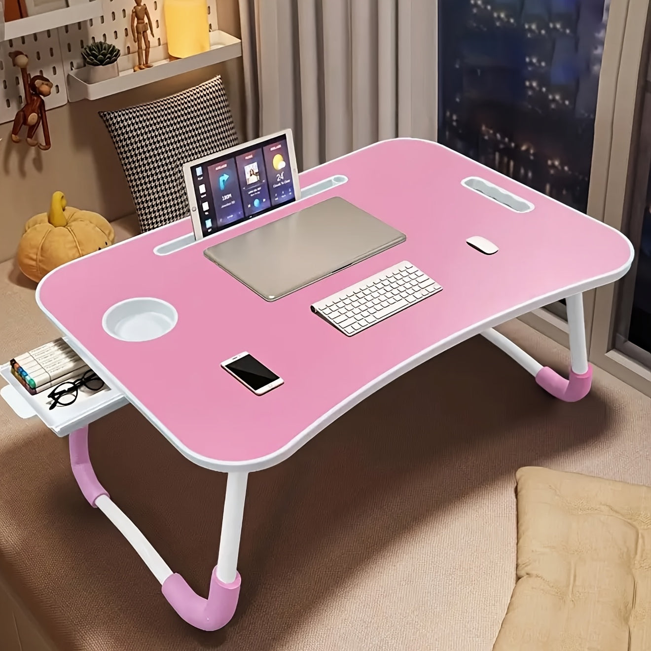 Extra-Large Portable Laptop Desk with Cup Holder & Drawer - Multifunctional Tray Stand for Bed, Sofa, Floor Use - Sturdy, Durable, Foldable Design
