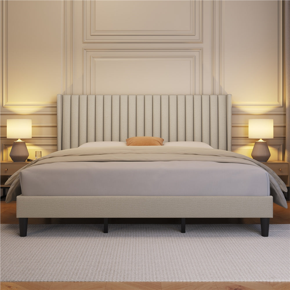 ALDEN DESIGN Bed Frame, Upholstered Bed Frame with Wing Side, Fabric Upholstered Bed with Headboard, Platform Bed Frame with Channel Tufted Headboard, Mattress Foundation with Wood Slat Support, No Box Spring Needed,King/Queen/Full, Ivory/Dark Gray/Black/