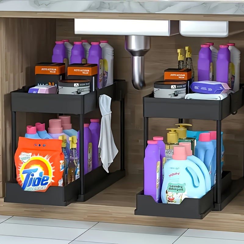 Under-Sink Storage Box with Sliding Drawers, 2-Layer Sliding Cabinet Basket, Bathroom Kitchen Cabinet Storage Box with Hooks, Storage Cups, Household Kitchen Additions, Utility Racks