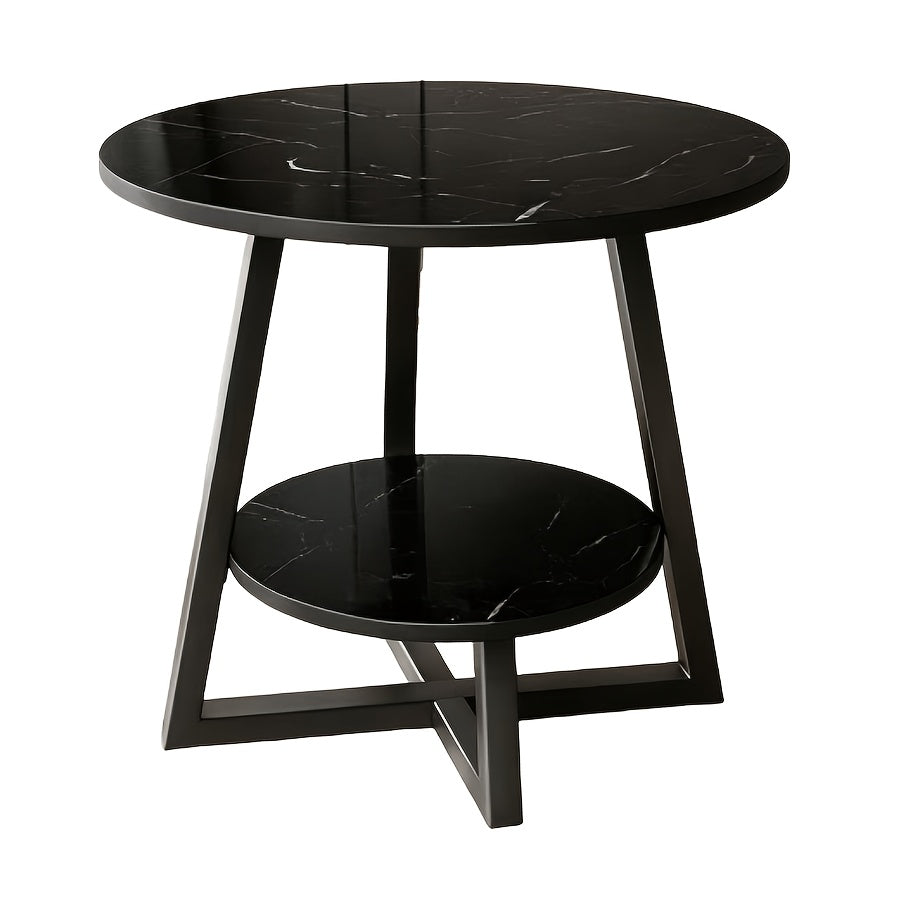 Multi-Purpose 2-Tier Round Coffee Table with Heavy-Duty Construction And Smooth Marble Effect Top, Stylish Storage End Table for Living Room, Bedroom, Dorm, And Home Office