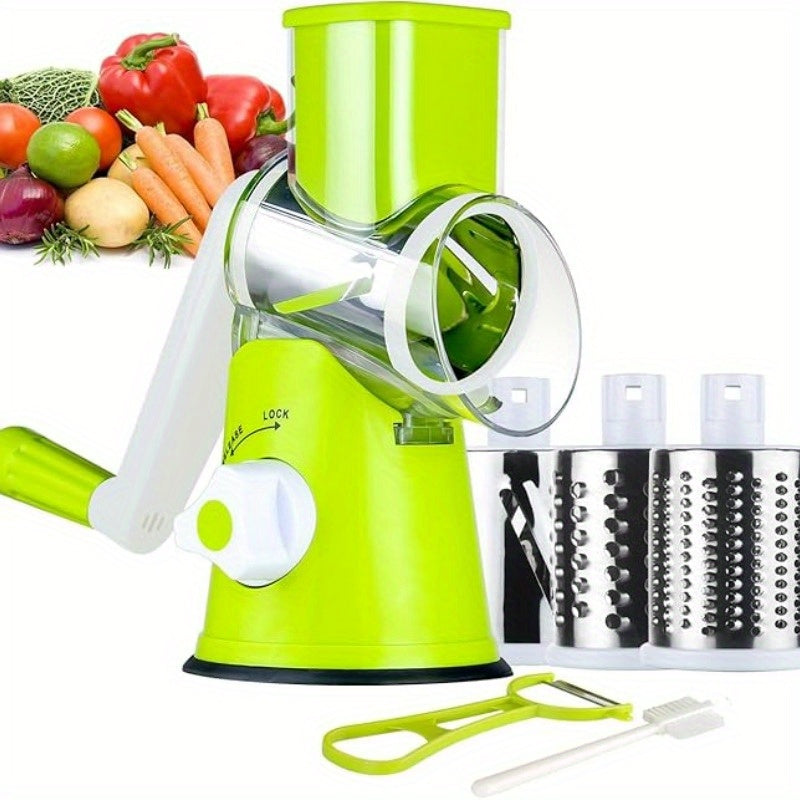 Rotary Cheese Grater Hand Crank Shredder with 3 Interchangeable Blades – Non-Slip Suction Base for Cheese, Vegetables & Nuts, Includes Cleaning Brush, Red