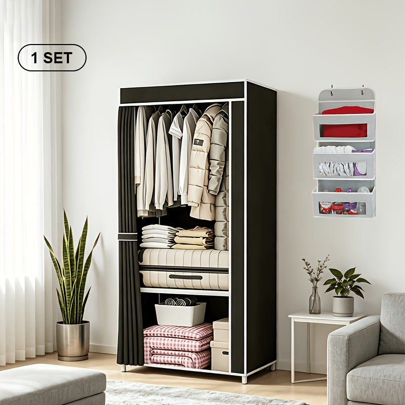 Curtain Portable Wardrobe Closet with 2-6 Shelves, 2 Hanging Areas & 4 Side Pockets – Non-Woven Dustproof Clothes Storage Organizer, Large & Small Sizes, Bedroom & Apartment