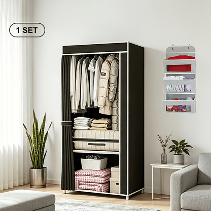 Curtain Portable Wardrobe Closet with 2-6 Shelves, 2 Hanging Areas & 4 Side Pockets – Non-Woven Dustproof Clothes Storage Organizer, Large & Small Sizes, Bedroom & Apartment