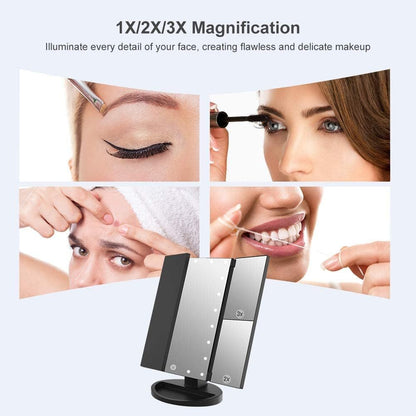 Tri-Fold LED Vanity Makeup Mirror 1x/2x/3x Magnification – 21 LED Lights, Touch Dimmer, 180° Rotation – Lighted Dressing Mirror for Women – Tabletop Makeup & Travel Mirror