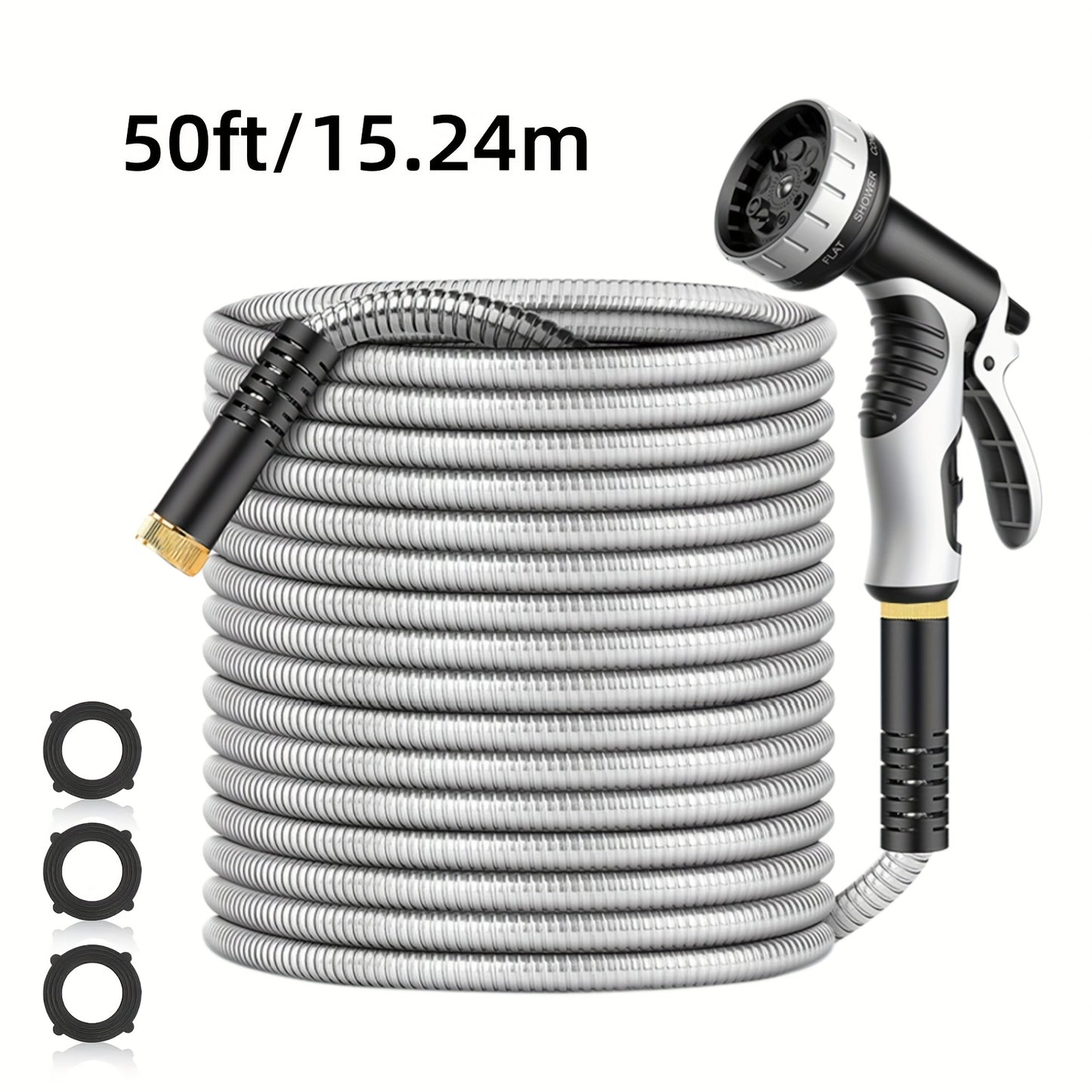 Stainless Steel Garden Hose with 10-Function Nozzle – Heavy-Duty Puncture-Proof No-Kink Flexible Metal Hose for Yard, Lawn, Car Wash & Pet Cleaning, 25ft / 50ft / 100ft