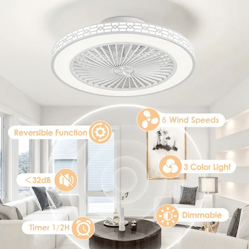 Modern Ceiling Fans With Lights, 20" Low Profile Flush Mount Ceiling Fan With Lights, LED Dimmable Timming Enclosed Fan Light, 6 Wind Speeds Ceiling Fan With Remote For Bedroom, Living Room, Kitchen, Office