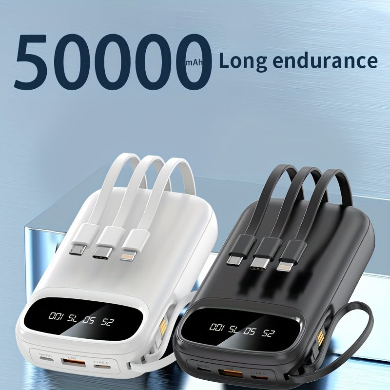 50000Mah Portable Large Capacity Mobile Power Bank, Comes with Four Data Cables/Lanyard/Led Power Display, Suitable for Fast Charging of Mobile Phones Such As Iphone/Android And Digital Electronic Products, Outdoor Portable Emergency Power Bank