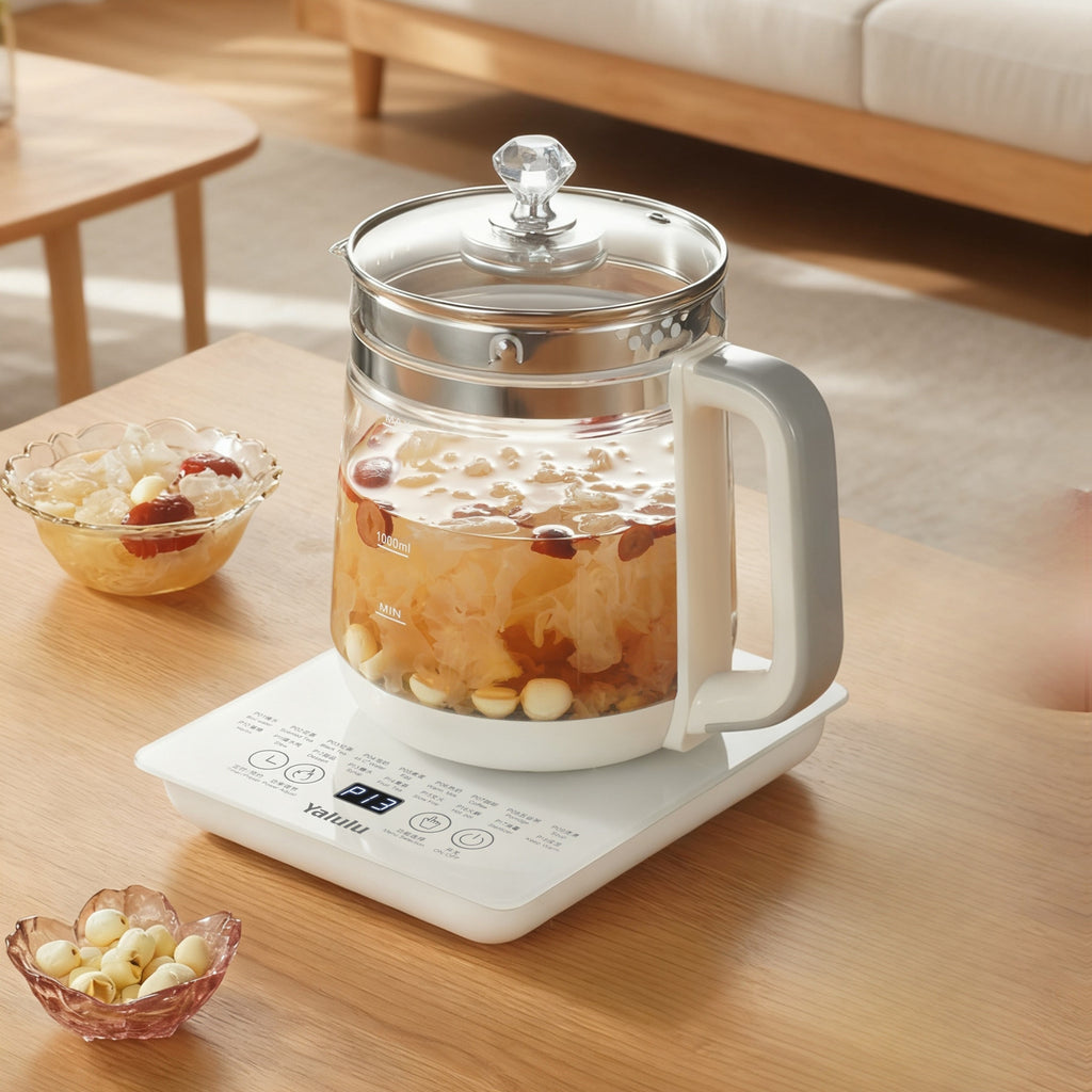 Yalulu Electric Kettle, Health Pot, Heated Glass Carafe, 1.8L/60.87oz, 18 Cooking Options, Smart Touch Screen, with Egg Steaming Rack, for Making Coffee, Porridge, Steaming Eggs, Removable Filter, Multi-functional Medical Health Pot