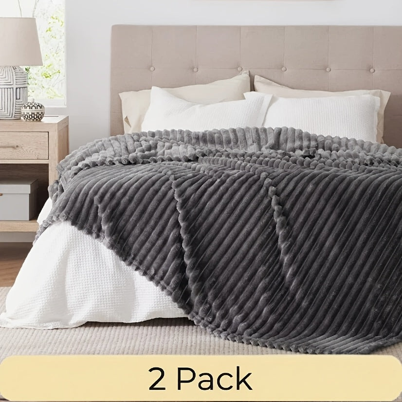 Faux Fur Rabbit Blanket Set of 2 – 260GSM Striped Luxury Plush Throw, OEKO-TEX Certified, Machine Washable, Cozy Sofa & Bed Blanket for Women & Men, Multiple Colours