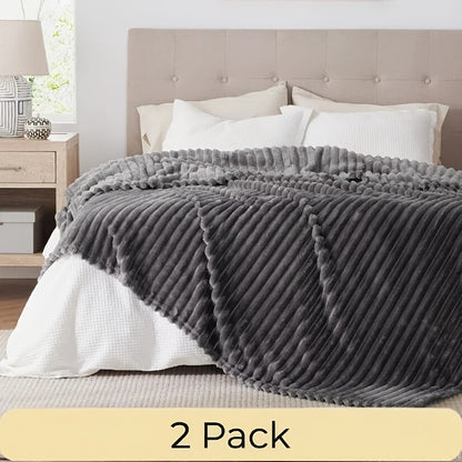 Faux Fur Rabbit Blanket Set of 2 – 260GSM Striped Luxury Plush Throw, OEKO-TEX Certified, Machine Washable, Cozy Sofa & Bed Blanket for Women & Men, Multiple Colours