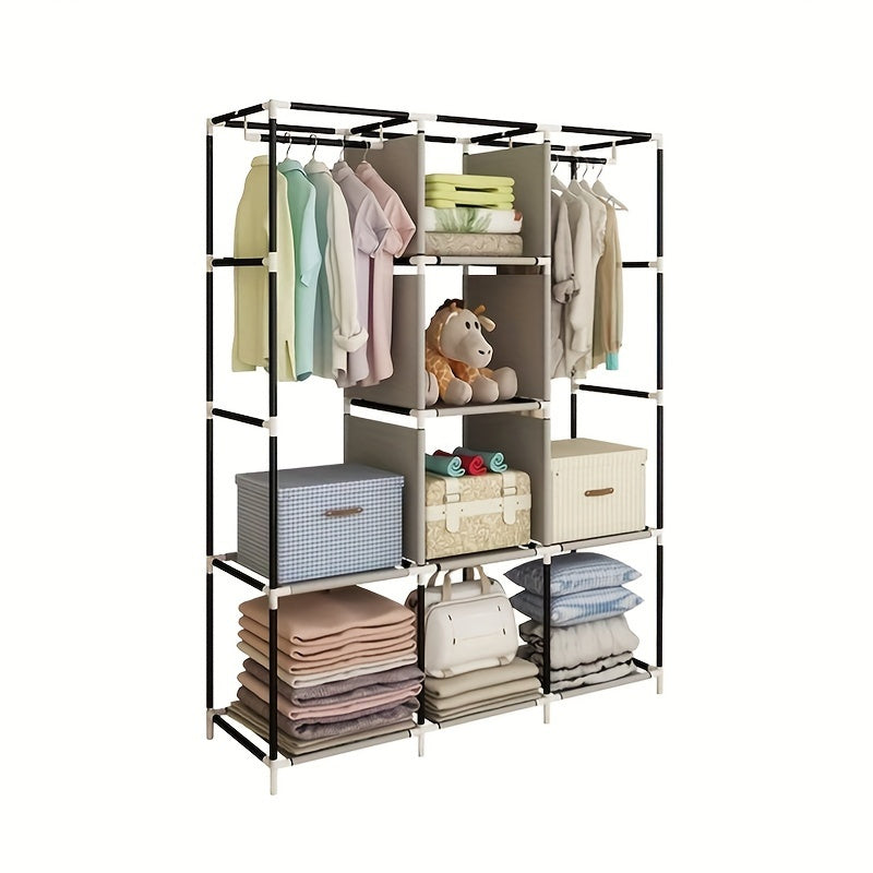 Portable Wardrobe Closet Clothes Organizer Non-Woven Fabric Cover with 6 Storage Shelves, 2 Hanging Sections and 4 Side Pockets size (170*128*45CM/148*56*44CM)