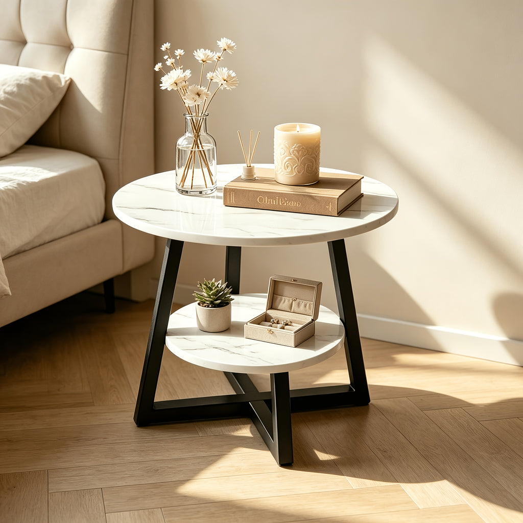 Multi-Purpose 2-Tier Round Coffee Table with Heavy-Duty Construction And Smooth Marble Effect Top, Stylish Storage End Table for Living Room, Bedroom, Dorm, And Home Office