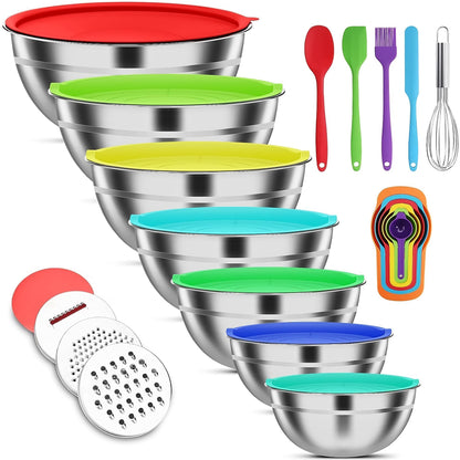 Stainless Steel Mixing Bowl Set 7-Piece with Lids & Accessories – 304 Steel Nesting Bowls 0.7–4.5QT, Grater Whisk Spatula Measuring Spoons, Dishwasher Freezer Safe Kitchen Cooking Set | ShopVora CA