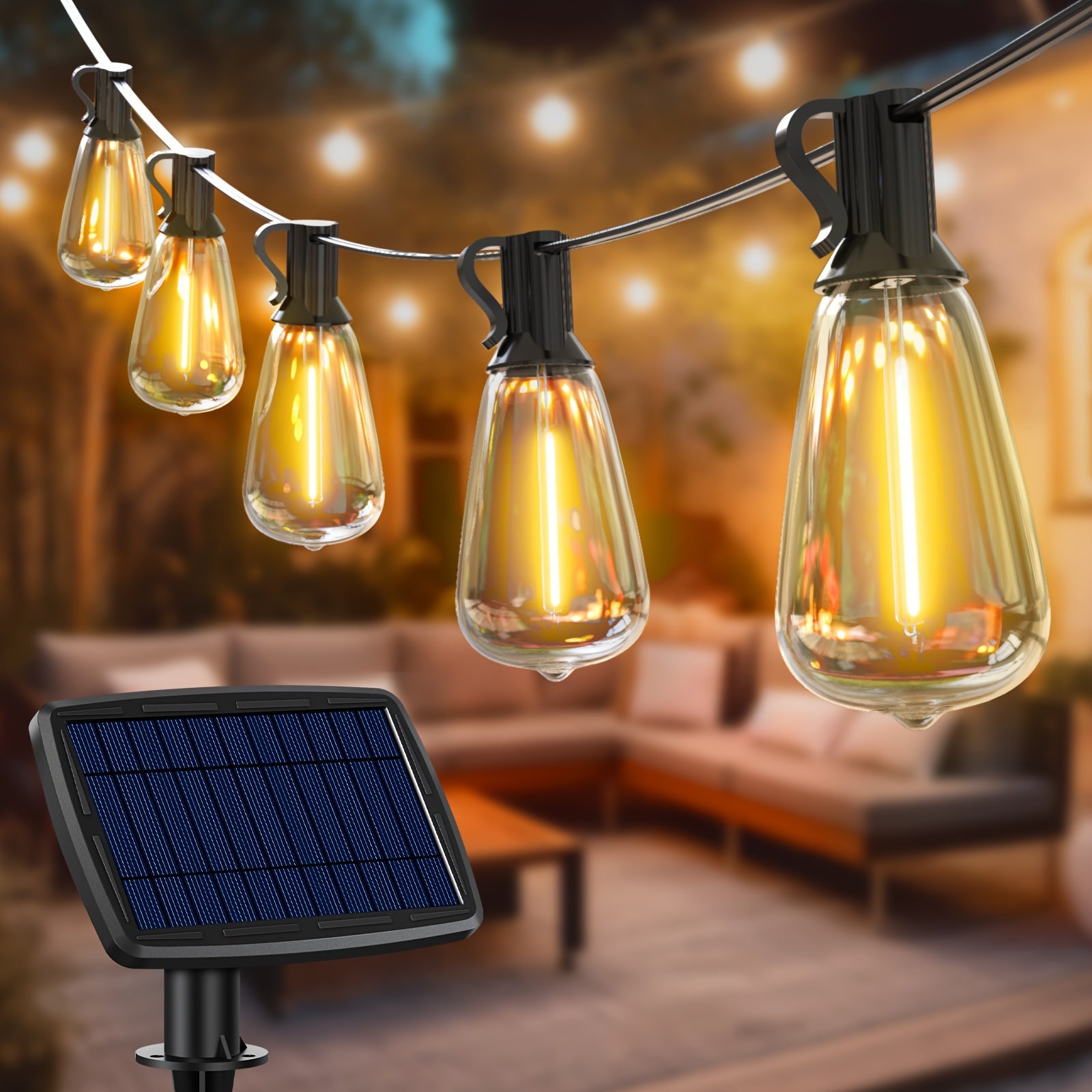 Solar Outdoor String Lights 120ft 53 ST38 LED Bulbs – 5 Modes IP44 Waterproof Solar Garland Lights for Patio Terrace Garden Party Backyard, Warm White
