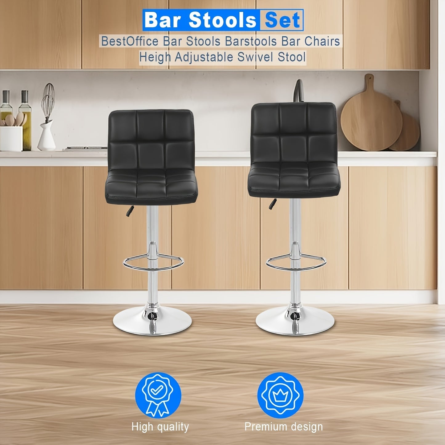 Adjustable Swivel Bar Stools Set of 2 with Back Support - Hydraulic Height PU Leather Armless Bar Chairs, Galvanized Steel Frame, Modern Kitchen Counter & Living Room Seating
