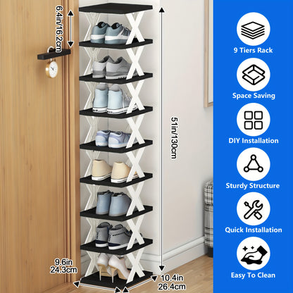 Narrow Shoe Rack 6-9 Tiers Adjustable for Entryway, Hallway & Closet – Space-Saving Foyer Shoe Organizer Holds 9+ Pairs, Multi-Color Options Black White Gray Blue Green, Bedroom & Living Room Storage