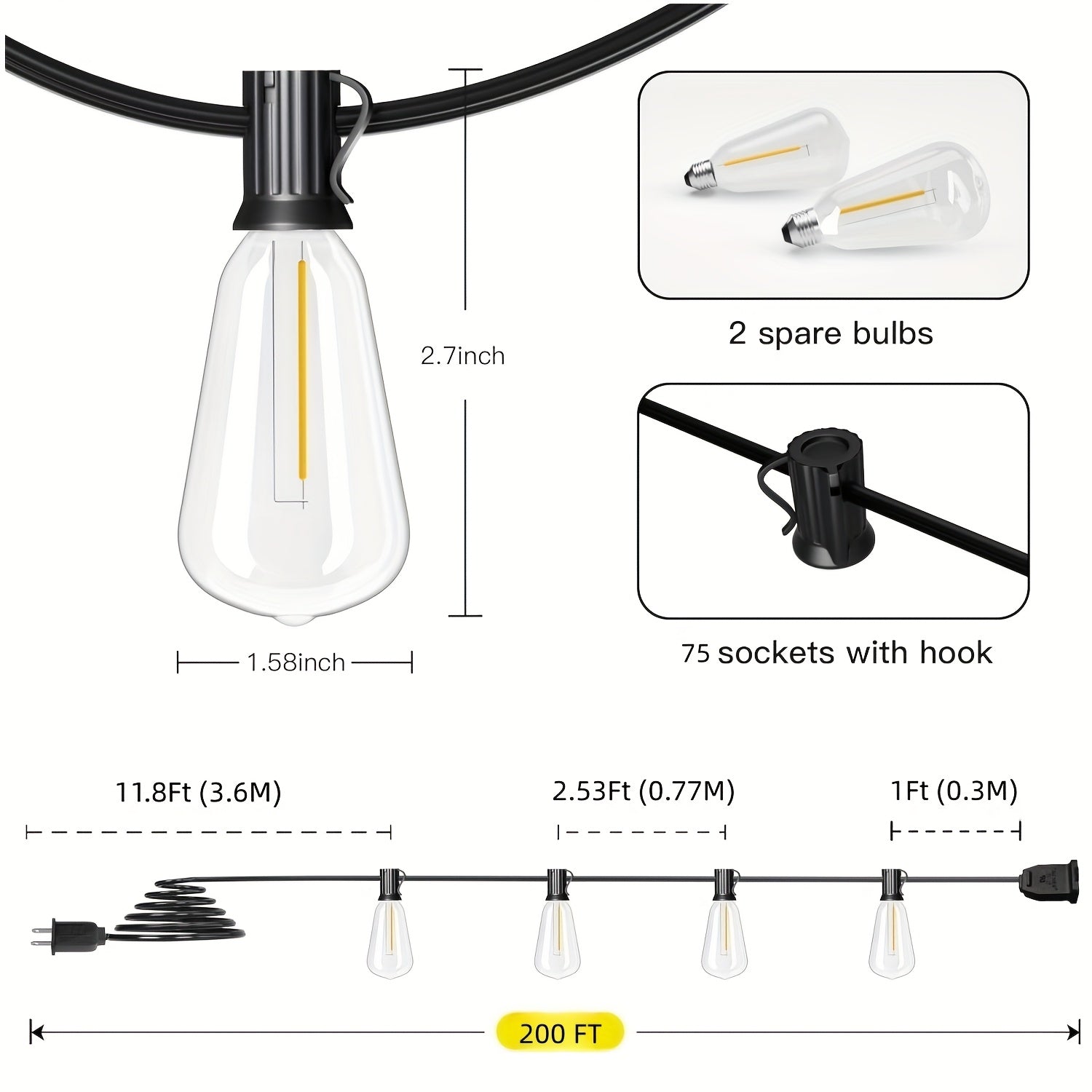ST38 Outdoor String Lights LED Patio Lights – Shatterproof Vintage Edison Bulb, 2700K Warm White, Connectable Waterproof Hanging Lights for Backyard Garden Porch Party Cafe Decor