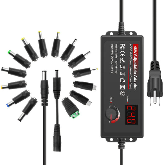 48W Power Adapter Universal AC to DC Adapter 4V - 24V 2A 48W Switching Power Supply 4V 5V 6V 9V 12V 15V 18V 19V 20V 24V 1A 1.5A 2 Amps Adjustable AC/DC Converter Transformer with 14 Tips & Polarity Converter