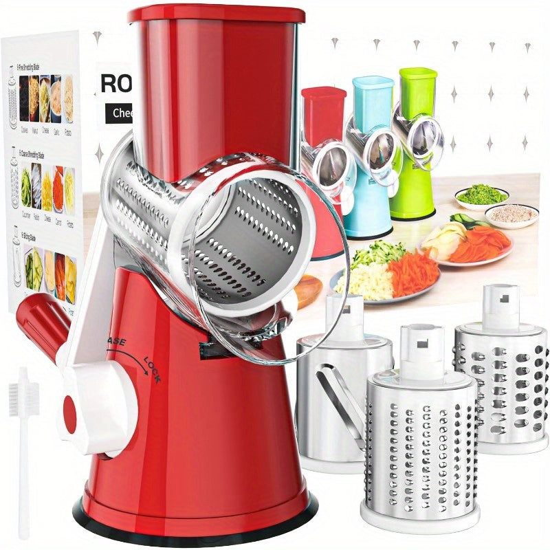 Rotary Cheese Planer Hand Crank Cheese Shredder Fresh Cheese, Vegetables, Nuts, Non-slip Suction Base, Free Cleaning Brush Three Blades, Red