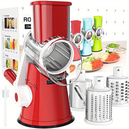 Rotary Cheese Grater Hand Crank Shredder with 3 Interchangeable Blades – Non-Slip Suction Base for Cheese, Vegetables & Nuts, Includes Cleaning Brush, Red