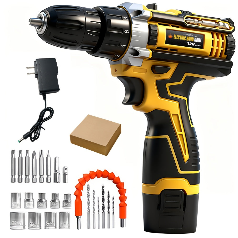 Lithium-ion Cordless Drill Set, Includes Battery and Charger, Features a 3/8-inch Keyless Chuck, Variable Speed, 16-position Settings, and 24 Drill Bits. Available in Red/yellow/blue. Ideal for Home Power Tools and Automotive Repair
