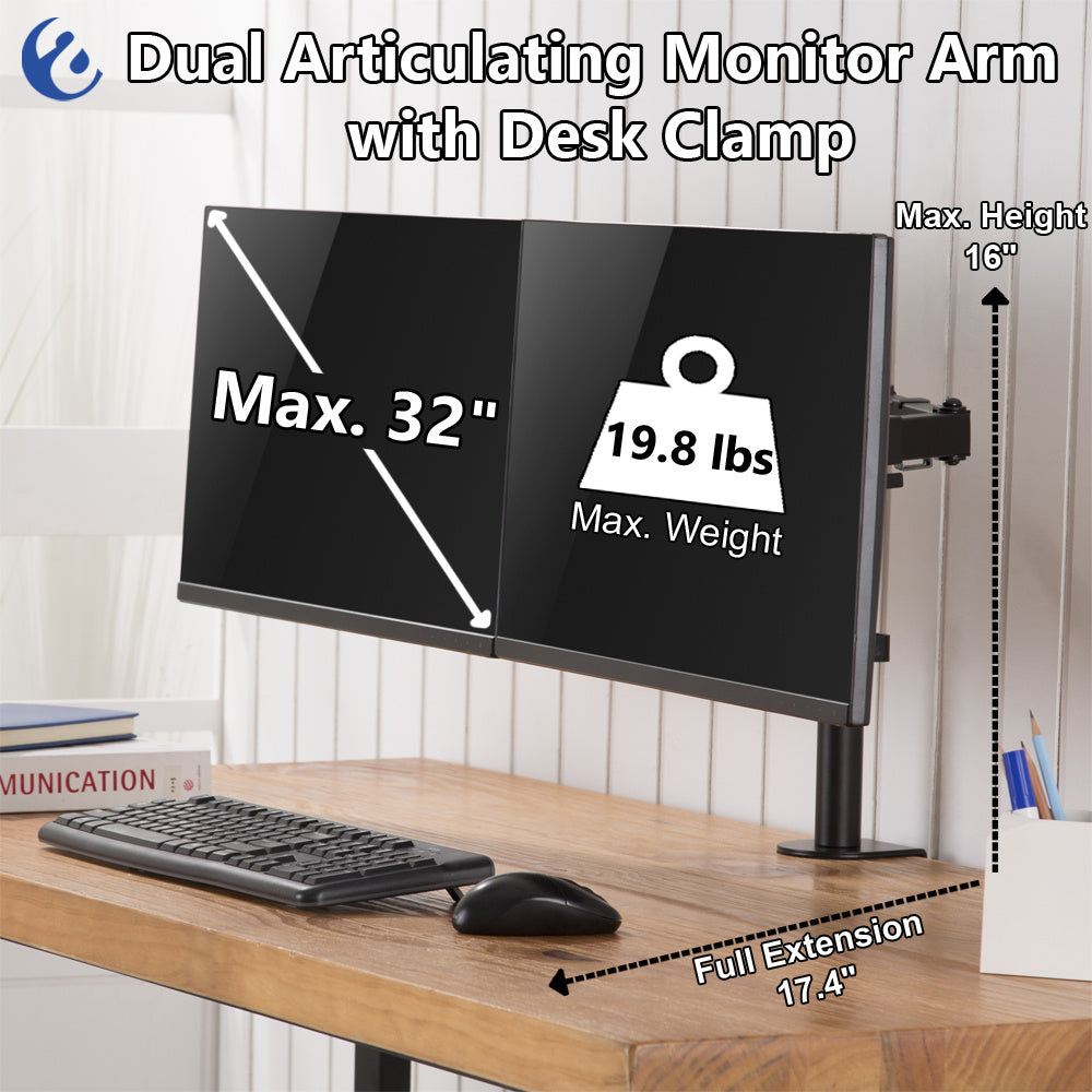 Dual Articulating Monitor Arm with Desk Clamp For 17"-32" Screens - Amer Mounts 2EZCLAMPMK